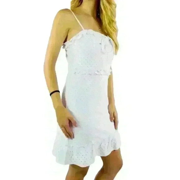 EYELET White Stretchy Strappy Mini Ruffled Hem Dress Coquette Ibiza Women Small - Picture 2 of 12